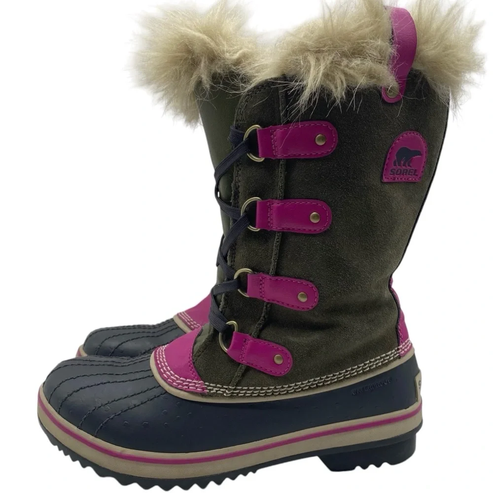 Sorel Girls Winter Boots Size 6 Green Pink Leather Waterproof Faux Fur Tall - Picture 14 of 14